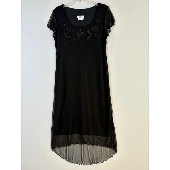 VTG Y2K AGB Womens 14 Black Sheer Asymmetrical Hem Midi Dress USA Whimsigoth - Picture 2 of 9